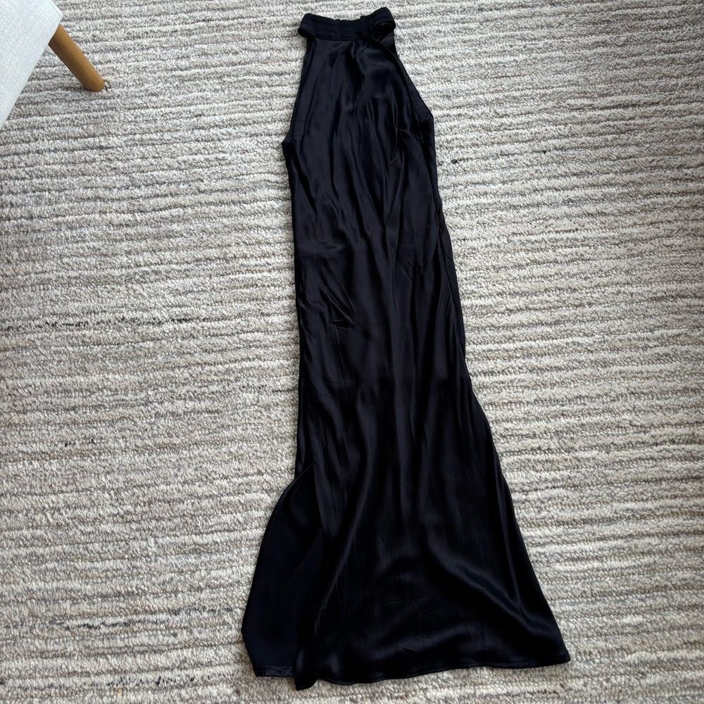 Meshki Claire Satin Drape Back Maxi Dress with slit in back (altered for petite)